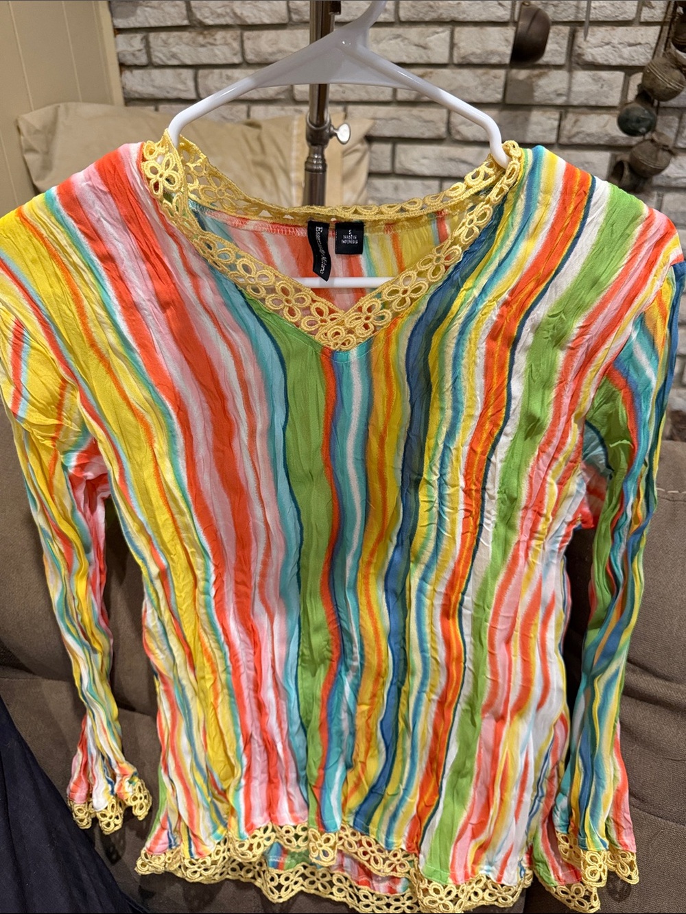 Essentials by Milano Multicolor Striped Long Sleeve Top with Yellow Crochet